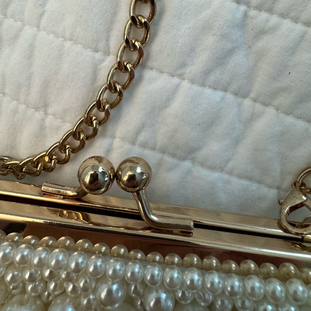 Natasha Couture Faux Pearl-Embellished Cream Evening Purse with Gold Chain - Picture 4 of 10